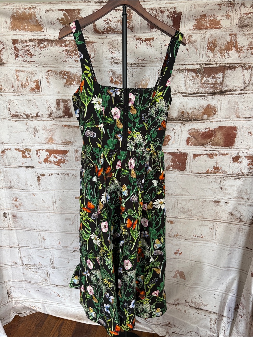 Avec Les Filles Black Floral Midi Dress with Green Vines